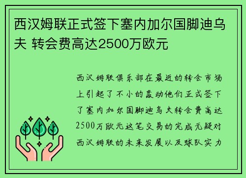 西汉姆联正式签下塞内加尔国脚迪乌夫 转会费高达2500万欧元