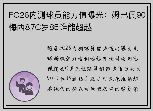 FC26内测球员能力值曝光：姆巴佩90梅西87C罗85谁能超越