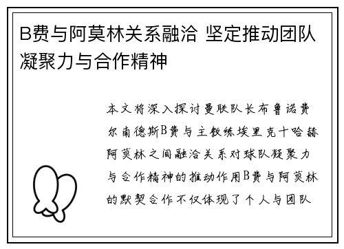 B费与阿莫林关系融洽 坚定推动团队凝聚力与合作精神